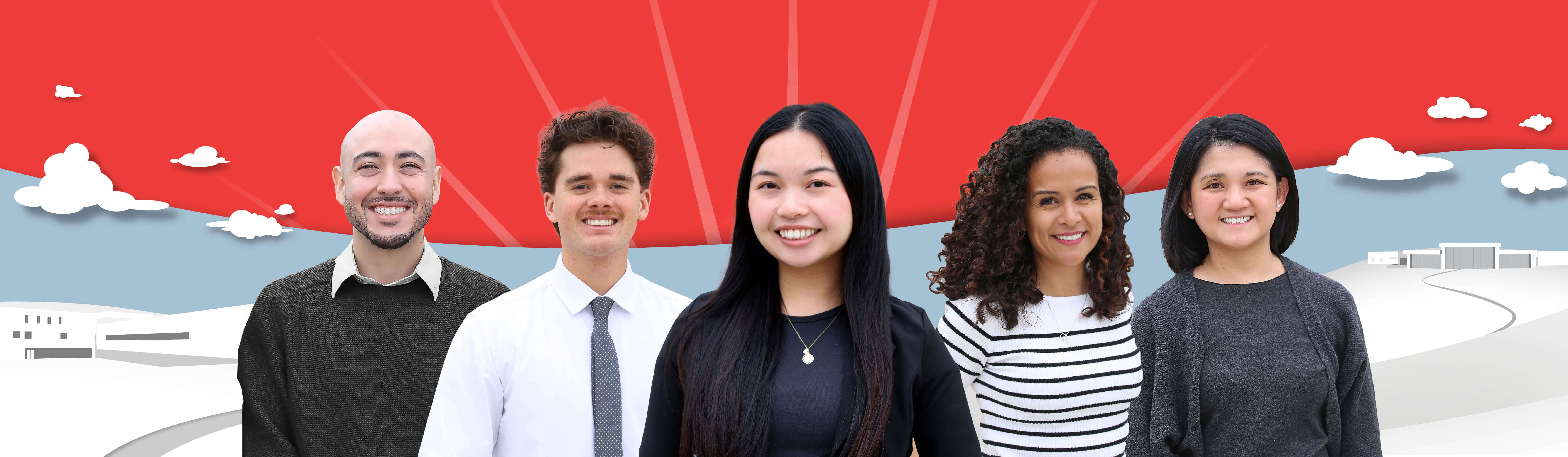 Skyline students featured on a background of a graphic depiction of campus